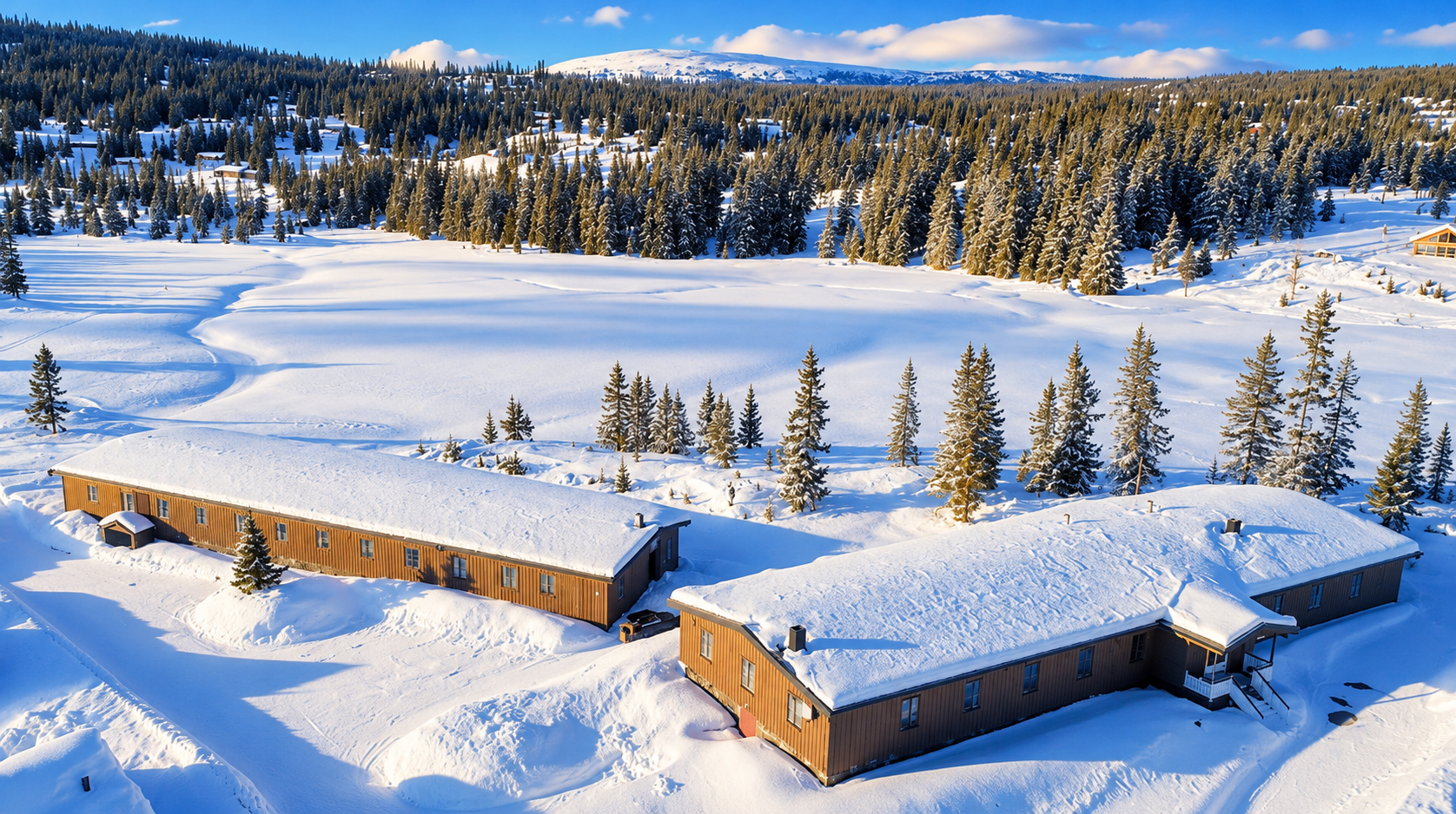 Camp Lillehammer om vinteren, med snødekte bygninger, skog og fjellet i bakgrunnen
