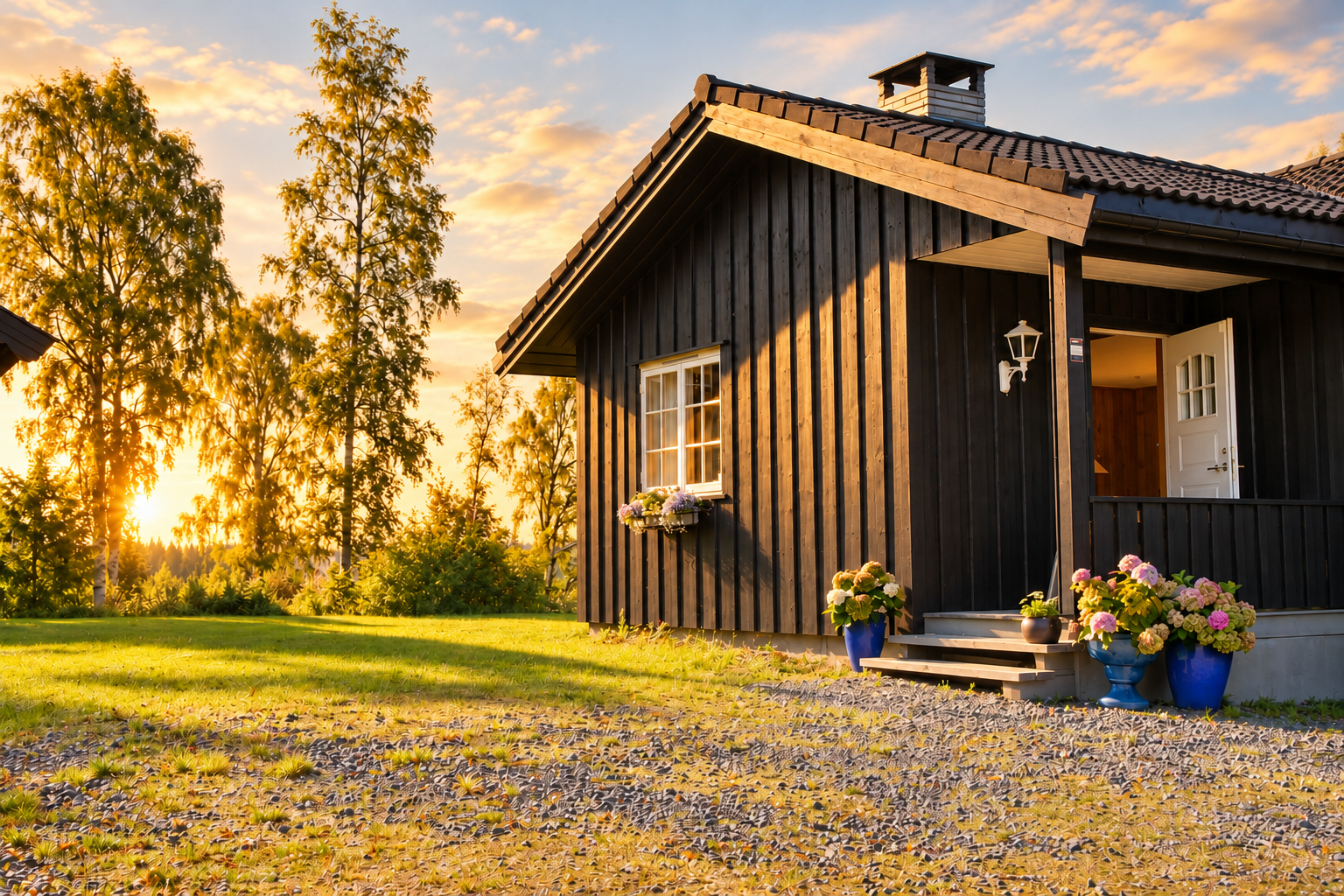 Nordgards Hagen med mørk fasade og blomster foran